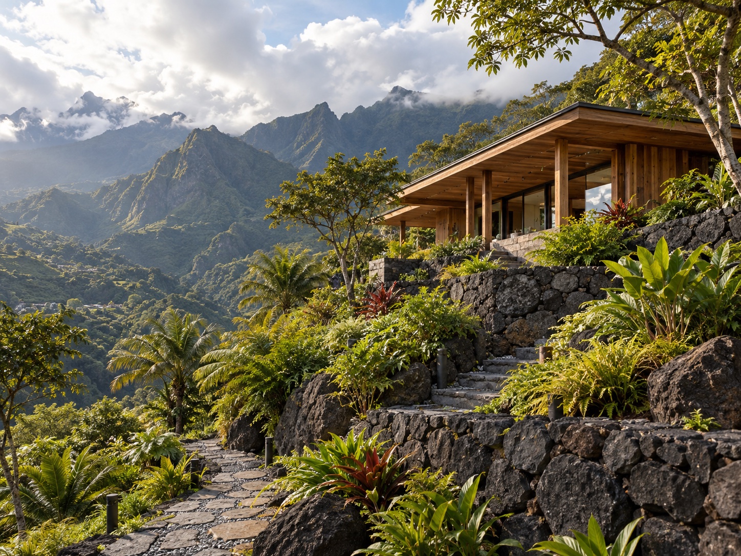 Maison en bois implantée dans un relief tropical avec végétation et murets de pierre volcanique