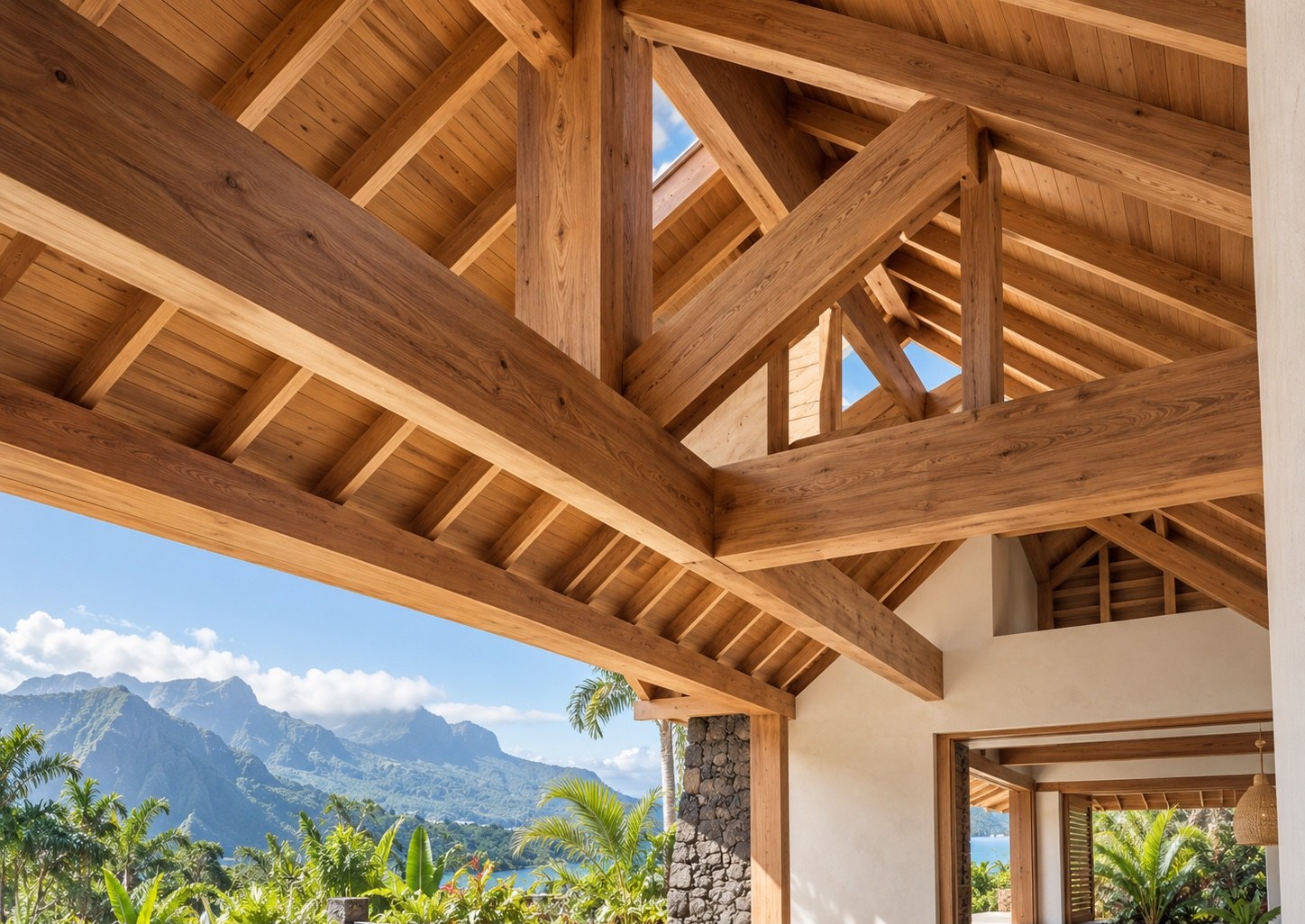Poutres, chevrons et assemblages d’une charpente apparente sous une toiture en bois