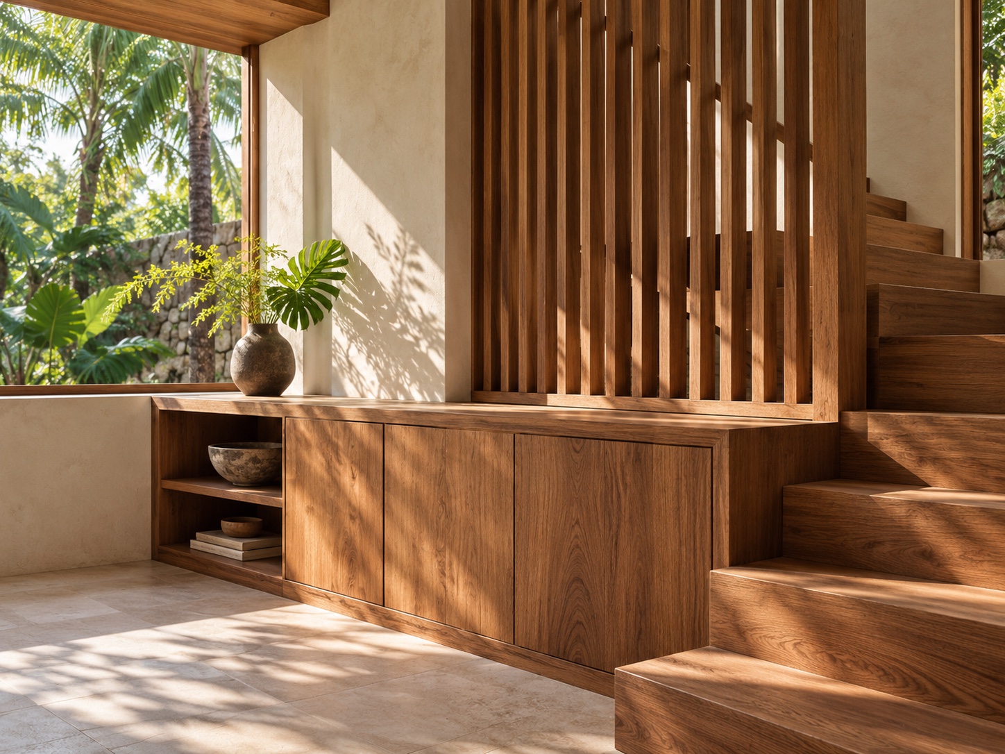 Agencement intérieur sur mesure associant rangement, claustra et escalier en bois
