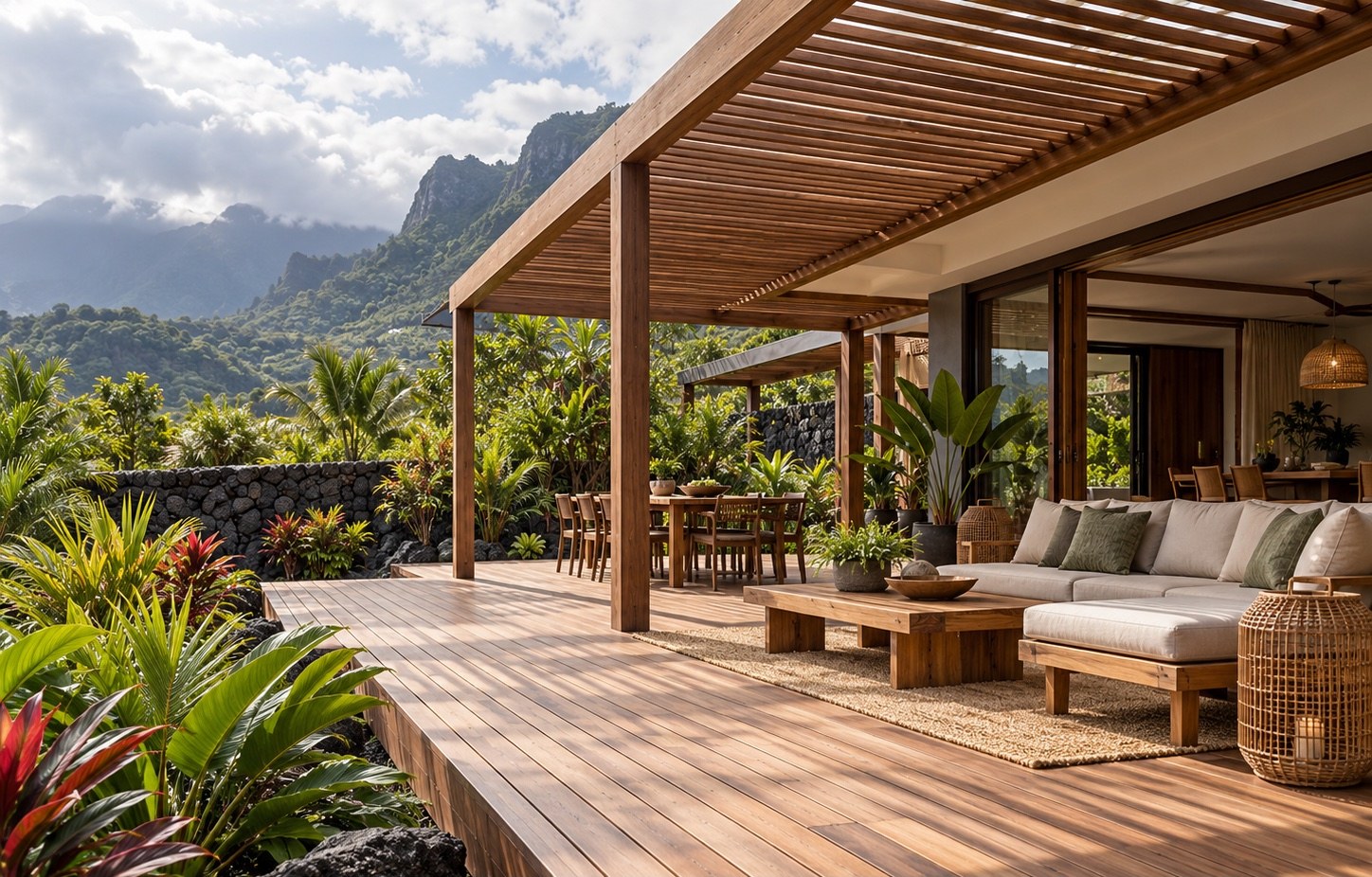 Terrasse de bois en lames avec une pergola à claire-voie ouverte sur un jardin