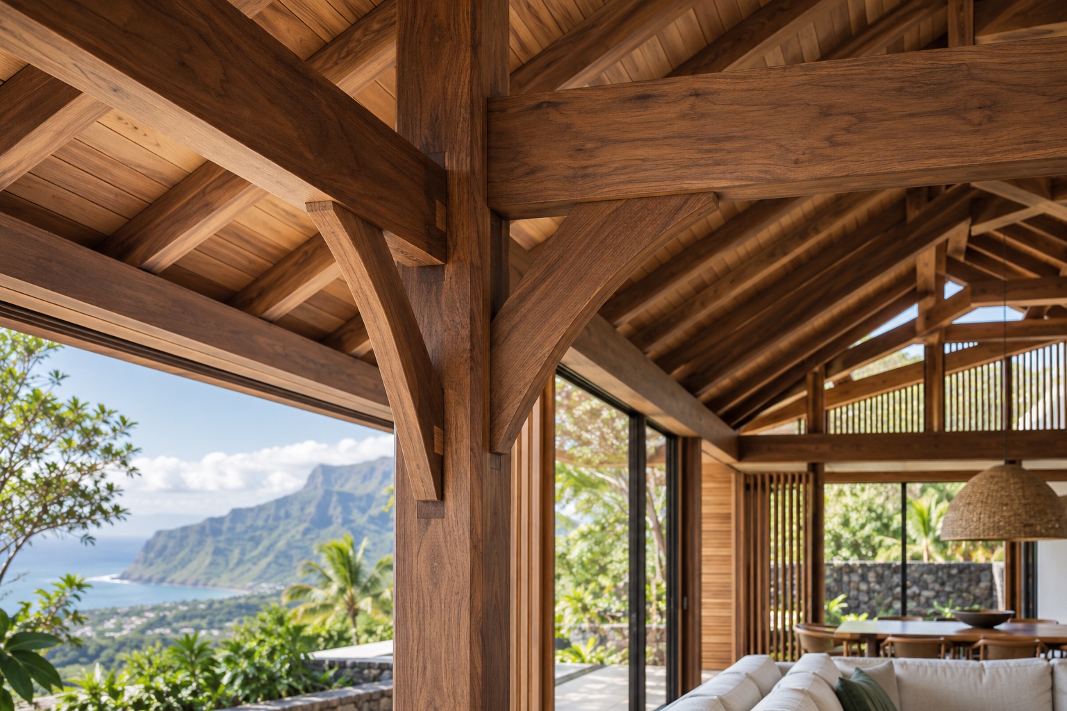Espace architectural contemporain avec structure et finitions en bois